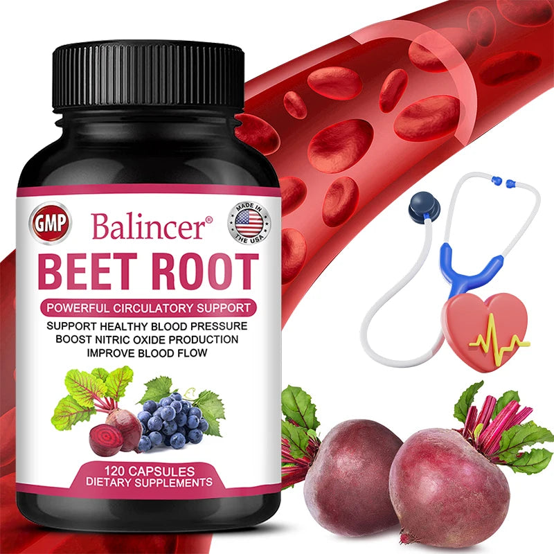 Beetroot Capsules Organic Beetroot Powder Extract + Black Pepper Nitric Oxide Production Blood Circulation Blood Pressure Health