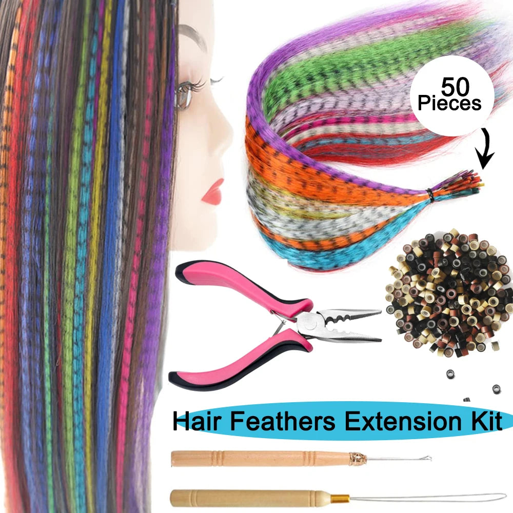 Hair Feathers Extension Kit -50pcs Synthetic Feather Hair Extensions Hair Pieces And 100 Pcs Silicon Micro Link Beads&3 Pcs Tool